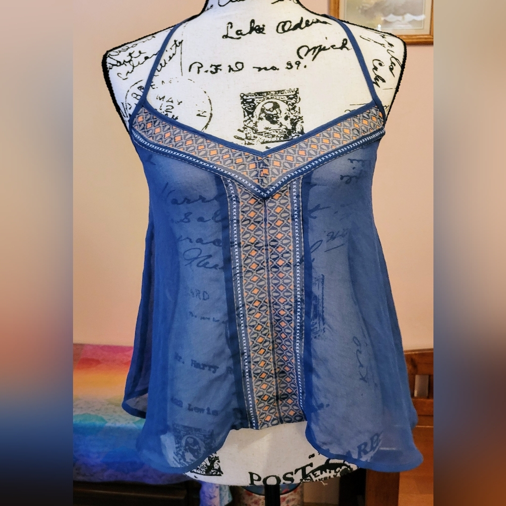 Aeropostale Boho Royal Blue Sheer Tribal Accent Cami, Shark Bit, M, EUC